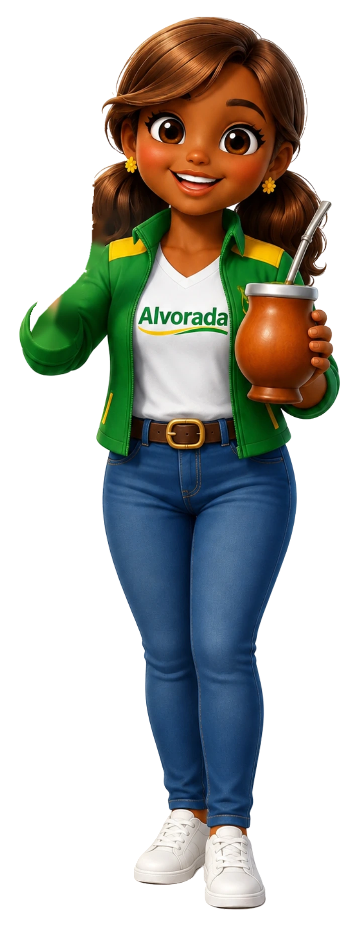 Ilustração da Sol: moça sorridente de cabelo castanho preso, jaqueta verde e amarela sobre camiseta branca escrita "Alvorada", calça jeans e tênis brancos; acena com uma mão e segura uma cuia de chimarrão na outra