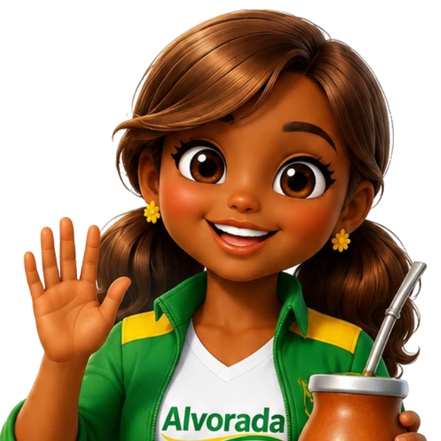 A Sol, sorridente, de jaqueta verde e amarela, acenando e com uma cuia de chimarrão na mão